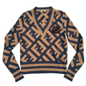 Fendi‎ Logo V-Neck Sweater Wool Blend Brown Black Knitwear Top Size Small
